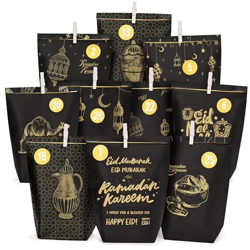 DIY Ramadan Kalender zum Befüllen-Ramadankalender Tüten-Bedruckte Kraftpapiertüten in schwarzes Gold-30 Eid Mubarak deko- Geschenktüten-ramadan dekoration - wiederverwendbar