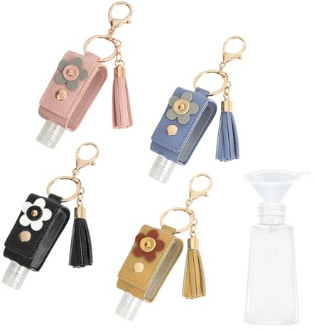 WATUNID 4Pcs PU Leather Hand Sanitizer Key Holder, Refillable 1oz Bottles | With Mini Funnel, Leakproof Flip-Top, PET Bottle+PU Cover, Tassel+Clip, Clear Window, Compact for Travel/Outdoor