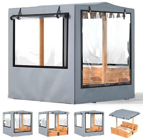 Sandkastenabdeckung, 121,9 x 121,9 x 132,1 cm, Kinder-Sandkastenabdeckungen, wasserdicht, UV-beständig, mit rollbaren transparenten Fenstern, ideal für Holz-Sandkasten im Hinterhof, winddicht