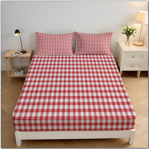 Spannbettlaken 180x200cm Rot Weiß Kariert Druck Spannbetttücher, Geometrisch Elastisch Bettlaken Weiche Spannbetttuch, Mikrofaser Rot Weiß Spannleintuch, 30cm Steghöhe