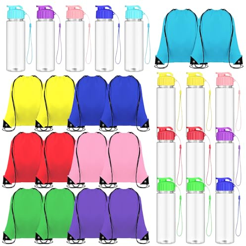 Malloom 28 Pcs 500 ml Plastic Water Bottles Bulk and Drawstring Backpack Set Reusable Flip Top Leakproof Water Bottles with Handle for Adults Sports Gym Travel Party Outdoor