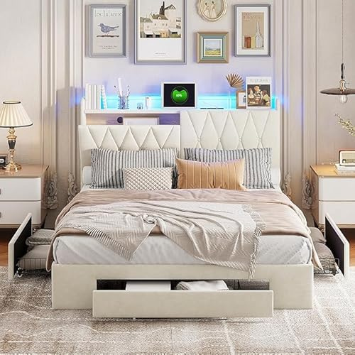 Ravas 140x200cm Polsterbett mit 2 USB- und AC-Ladefunktionen, Kopfteil mit Stauraum | Fernbedienung und APP-Steuerung, LED-Beleuchtung und 5 Schubladen, Doppelbett aus Holz mit Lattenrost, beige