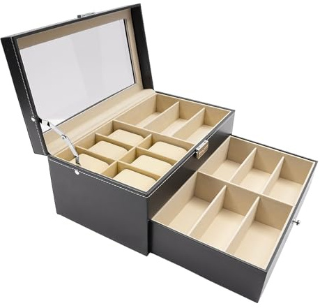 Boîte à montres et lunettes de soleil avec couvercle en verre, boîte de rangement pour montres et lunettes de soleil, 6 emplacements pour montres et 9 compartiments à lunettes, tissu floqué PU, tiroir