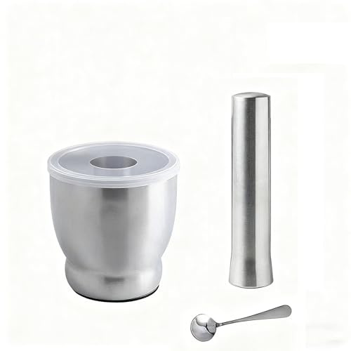 Mortero y Mano de Ajo de Acero Inoxidable 10 cm, Triturador Manual Tradicional, Molidor de Especias y Hierbas, Herramienta de Cocina Duradera con Cuchara