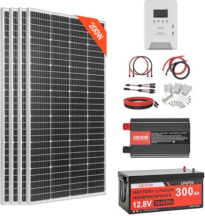 VEVOR Kit solaire complet hors réseau 800W 12V, avec 4 panneaux solaires monocristallins 200W, batterie LiFePO₄ 12,8V 300Ah, contrôleur de charge MPPT 60A et onduleur 2000W, pour camping-car, maison