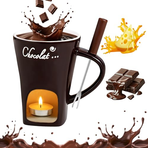 ORIZMA Schokofondue Tasse Schokoladen Fondue Fondueset Becher Set Keramik Schokoladenfondue mit Gabel Schokoladenfondue Becher für Käse Schokolade Butter und Karamell (Braun)