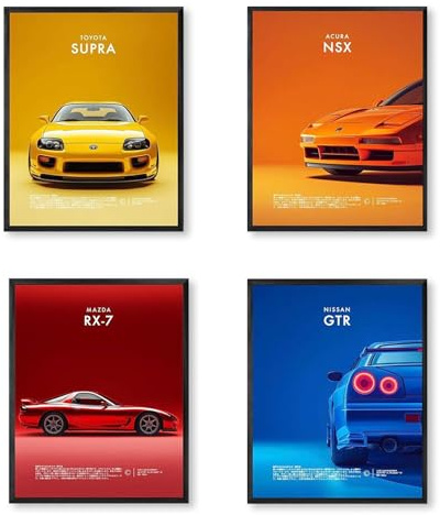 fKiZanthene Auto Poster Set aus Leinwand, Vier Wandposter mit Sportwagen Motiven, Wandbilder für Zimmer Deko Jungs im Schlafzimmer Spielzimmer oder Jugendzimmer, Moderne Bilder für Zuhause