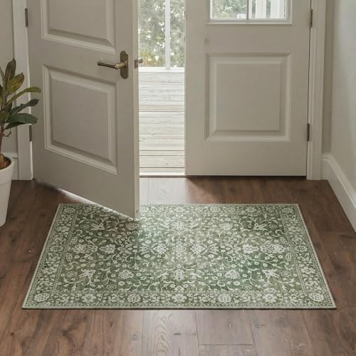 BEIMO Fußmatte 60x90cm Vintage Waschbarer Teppich Grün | Boho Orientalisch Wohnzimmerteppich, Weicher Kurzflor Klein Carpet mit Rutschfester für Eingang, Bettvorleger Schlafzimmer
