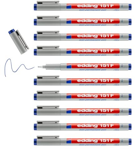 edding 151 F Non-permanent pen - blau - 10 Stifte - Rundspitze 0,6 mm - Stift zum Schreiben auf Glas, Kunststoff, Folien und glatten Oberflächen - schnelltrocknend, mit Wasser korrigierbar