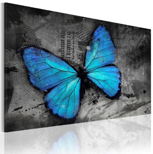 B&D XXL - Wandbilder blauer Schmetterling 60x40 cm 1 tlg - Wand Deko Vlies Leinwand Bilder Groß Wanddeko Wohnzimmer Schlafzimmer Kunstdrucke - Tiere Abstrakt grau 020116-33