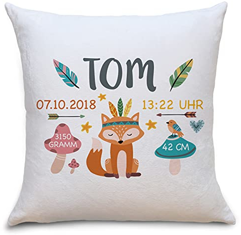 OWLBOOK Geburtskissen Fuchs Boho Flauschige Kissenhülle mit Namen und Geburtsdaten Geschenke Geschenkideen zur Geburt Baby Kind Mädchen Junge zur Taufe