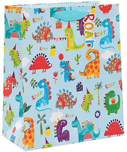 Glick Luxus-Geschenktüte, Dinosaurier-Brüllen-Geburtstag, große Feiertasche mit Dinosauriern für Jungen, Papiersalat, Junioren, mehrfarbig, 260 x 315 x 135 mm, Blau