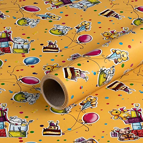 Geschenkpapier Kinderparty, Gelb, Geburtstagspapier, 0,7 x 10 m
