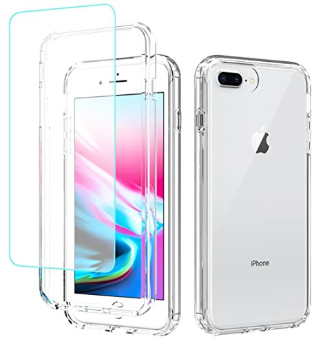 Gufuwo Coque pour iPhone 7 Plus/pour iPhone 8 Plus avec Protecteur d'Écran en Verre Trempé - Coque Transparente 360° Protection Intégrale + Bords en TPU Anti-Choc pour iPhone 8 Plus 5.5 Transparente