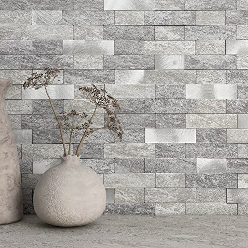 BeNice Mosaikfliese Selbstklebend Marmor,Wandfliesen Selbstklebend Fliesen Aufkleber Wand Küche Wasserdicht(10stück Grau und Silber)