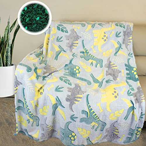 HSGLGNA Kuscheldecke Kinder Dinosaurier Decke Leuchtet im Dunkeln, Dinosaurier Muster Weiche Mikrofaser Flauschig Decke,Tolle Geschenke für Dino Liebhaber(Dinosaurier A, 130x150 cm)