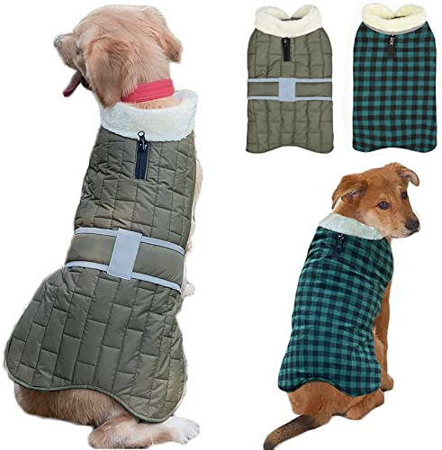 Fiyade Hundemantel wasserdichte Jacken, Wendbarer Warme Winterjacken für Kleine, Mittelgroße Hunde Tuch Winterweste, Reflektierend Hundejacke Hundepullover, Mittelgroße Hundemantel Grün 2XL