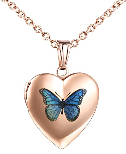 MicLee Damen Kette Foto Blauer Schmetterling Herz Medaillon Photo Bilder Amulett Silber Edelstahl Anhänger Halskette mit Geschenkbox Grußkarte, Super Geschenk für Paar Pärchen Mutter Tochter