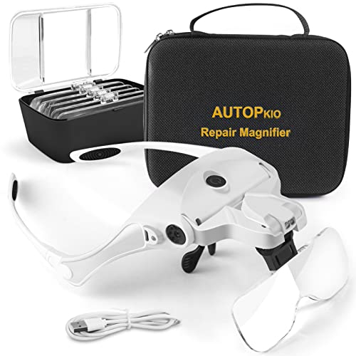 AUTOPkio Lupenbrille mit Licht Aufbewahrungstasche, USB Wiederaufladbar Kopflupe Stirnbandlupe Lupe Gläser für Brillenträger, 5 Linsen 1,0X 1,5X 2,0X 2,5X 3,5X