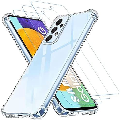 Totill Handyhülle hülle für Samsung Galaxy A52 4G und 5G + 3 Schutzfolie, Schutzhülle aus transparentem Silikon TPU Bumper mit verstärkten Ecken, klarer Schutz. panzerglas, Panzer Schutz Glas für A52