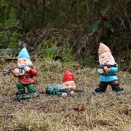 JYHCD Nain De Jardin 3 Pièces Nain De Jardin Exterieur Militaire avec Armes Statues De Soldat en Résine Gnomes De Jardin Miniatures Ornements De Pelouse Art Déco,Décoration De Jardin Amusante