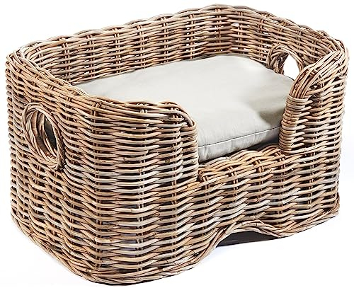 Kobolo Tierbett Tierkorb Körbchen für Hunde und Katzen - Furry - Rattan kubu Grey - mit Kissen