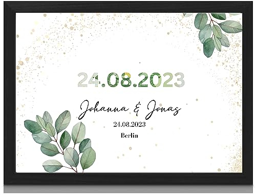 MilaBoo® personalisiertes Geldgeschenk Hochzeit - Datum Geldgeschenk mit ausgestanztem & zum Geldverschenken mit Rahmen auf Hahnemühlen Papier Made in Germany A3 A4 A5 Poster im braunen Umschlag