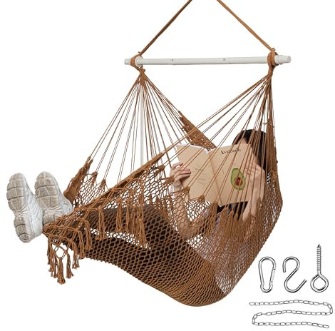 Jelofly Hängesessel großer Hängesessel aus weichem Baumwollseil, max. 150 kg, langlebig, bequem, Schaukelstuhl für Schlafzimmer, drinnen und draußen, Terrasse, Veranda, Garten, Hof (Kaffee)