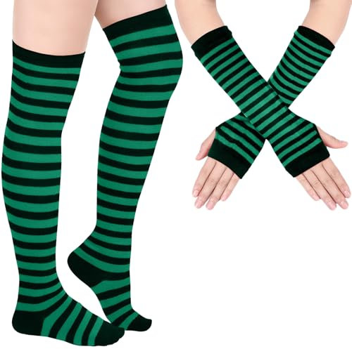 Blulu Arm Warmers Leg Warmers for Women Girls Striped Thigh High Socks Fingerless Gloves Striped Stockings