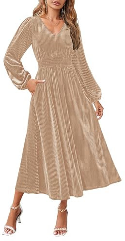 ZESICA Women's Velvet Midi Dress 2025 Casual V Neck Long Sleeve Solid Color Elastic High Waist Flowy Evening Party Dresses, Champagne, M