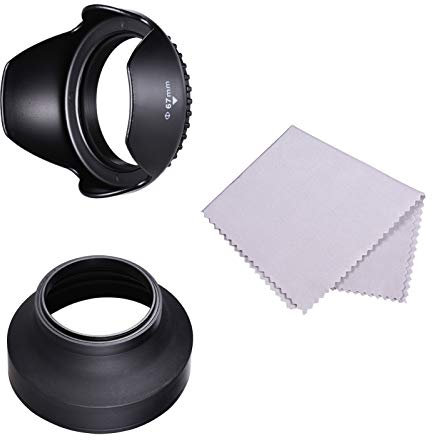 Karlak 67mm Lens Hood Set with T Flower Lens Hood + Collapsible Rubber Lens Hood + Lens Cleaning Cloth Replacement for Canon EOS 7D 70D 77D 80D 90D Rebel T7i T6i T6s for Canon EF-S 18-135mm f/3.5-5.6