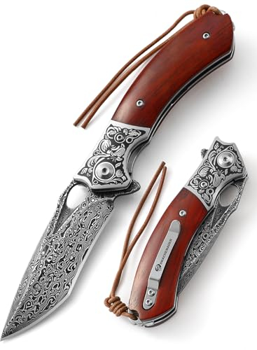 DRACHENADER Taschenmesser Damast Klappmesser Einhandmesser aus hochwertigem 67- Layers Damaststahl, VG10 Kern Holzgriff Geschenk für Messerliebhaber