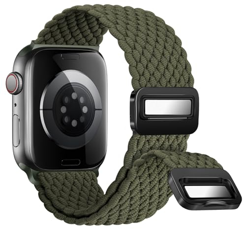 Nepfaivy Geflochtenes Armband Kompatibel mit Apple Watch Armband 40mm 41mm 38mm 42mm, Nylon Elastisches Band mit Magnetischer Schnalle für iWatch Series 10/9/8/SE/7/6/5/4/3/2/1, Dunkel-Olivgrün