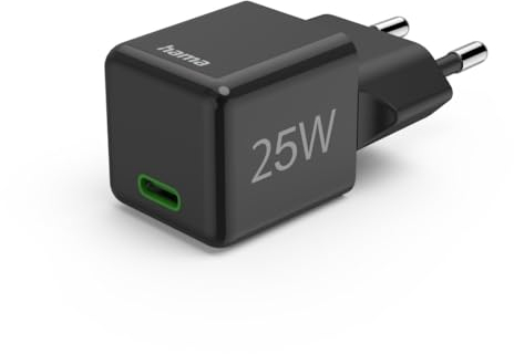 Hama Schnellladegerät (Ladegerät mit USB-C unterstützt Power Delivery und Qualcomm Quick Charge, 25 W, Super-Mini-Format 2,9 x 2,75 x 2,75 cm, ideal für Samsung) Schwarz