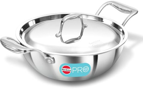 Hawkins Pro 2.5 Litre Deep-Fry Pan, Triply Stainless Steel Kadhai with Stainless Steel Handles and Lid, Silver