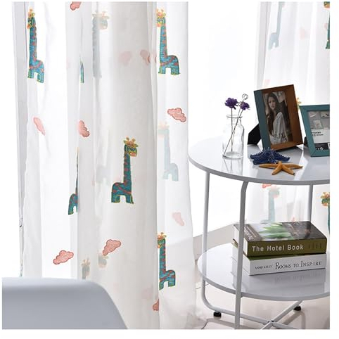 PSKJHN Tier Stickerei Transparent Gardinen Für Kinderzimmer Karikatur Giraffe Fenstervorhänge Mit Haken Schlafzimmer Kindervorhang 2 Stück, W140xL270cm