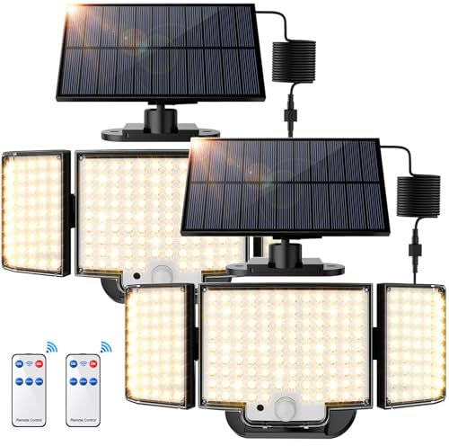 SIGRILL Luz Solar Exterior 212 LED, Focos Led Exterior Solares Sensor de Movimiento, 2200mAh Luces Solares IP65 Impermeable, Lampara Solar con Mando a Distancia (2 Paquete - Blanco Cálido)