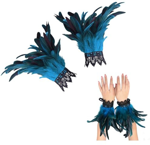 Herbst 1 Paar Feder Manschetten Hand Federn Blau Damen Spitze Feder Fingerlose Handschuhe für Halloween Karneval Kostüm Rollenspiel Party Game (Blau, M)