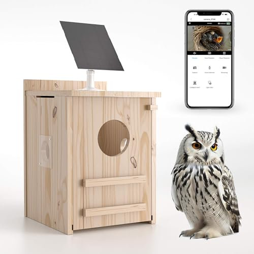 Casa inteligente de búho con cámara alimentada por energía solar, caja de anidación de madera para colgar al aire libre, visión en tiempo real y detección de movimiento, para jardín para área de