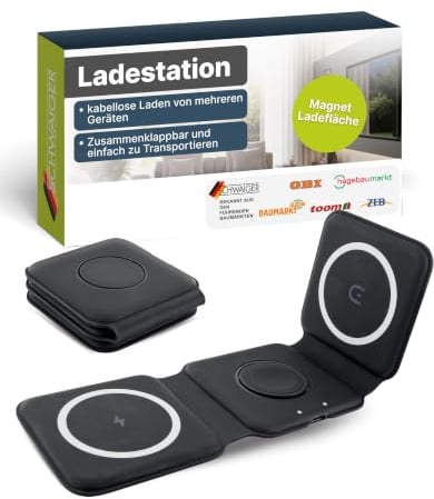 SCHWAIGER LISM0031 Ladestation Ladegerät Ladeplatte QI Wireless Multicharge Magsafe Faltbar Klappbar Reiseladegerät Ladeadapter Smartphone iPhone Smartwatch AppleWatch Kopfhörer Airpods