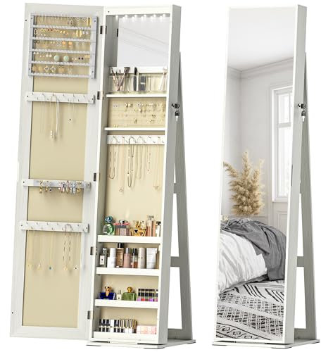 HOMCOM Espejo Joyero de Pie Armario Joyero con Luces LED y Cerradura Armario de Joyas con Espejo Integrada para Dormitorio Blanco con Veta de Madera
