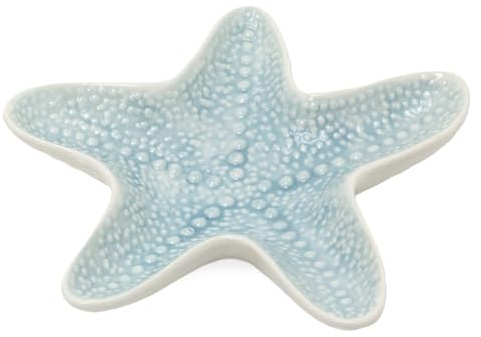 Carousel Home Embossed Starfish Trinket Dish | Blue Reactive Glaze Nautical Trinket Tray Jewellery Dish | Decorative Storage Bowl Ornament - 13cm