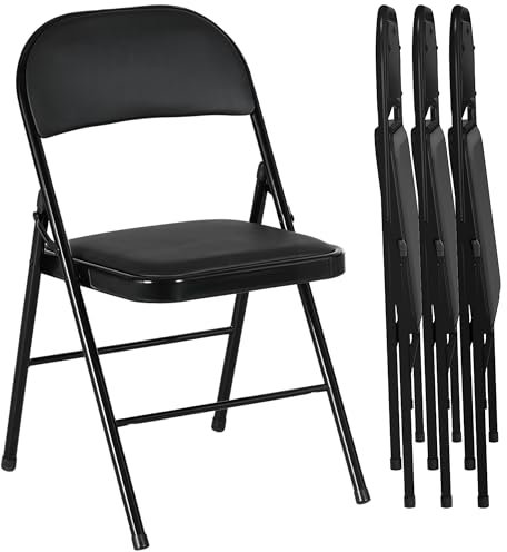 HOMCOM Padded Folding Chairs Set of 4 Linen-Look Foldable Chairs with Cushioned Seat and Metal Frame for Home Office Dining Computer Desk Reception Room Black