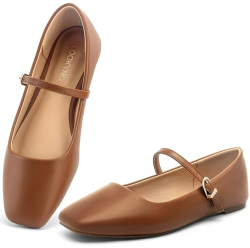 Womens Mary Jane Flats Buckle Strap Square Toe Ballet Flats, Brown, 8