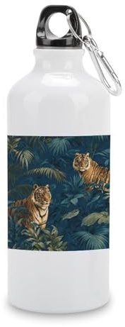 Jubonexis Borraccia da viaggio con foglie di palma e tigri, in alluminio, con tappo a fibbia, per uomo e donna, per campeggio, escursionismo, 600 ml