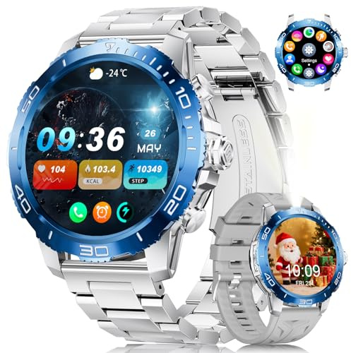 LIGE Orologio Smartwatch Uomo, 800mAh 1.43 AMOLED Smart Watch con 24/7 Frequenza Cardiaca, SpO2, Durata del Sonno, Impermeabile IP68, 200+ Sport Fitnes Tracker Orologio per Android iOS Blu su Argento