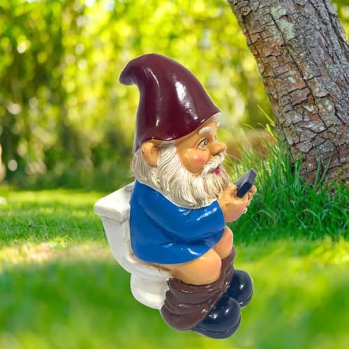 Einzigartige 3D-Zwerg-Toiletten-Telefonfigur, lustiger Gartenzwerg für Rasen und Terrasse Dekor (blau)