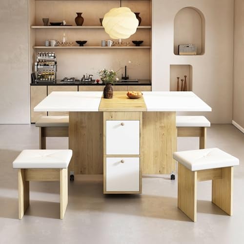 Merax Extendable Dining Table Set with 4 Chairs, Folding Dining Table with Drop Leaf Design, Multifunctional Space-Saving Set, White and Oak, 120 x 80 x 75 cm