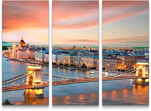 Blick über das Parlament und Donau in Budapest, Ungarn - 3 teiliges Wandbild Gesamtgröße 130x90cm