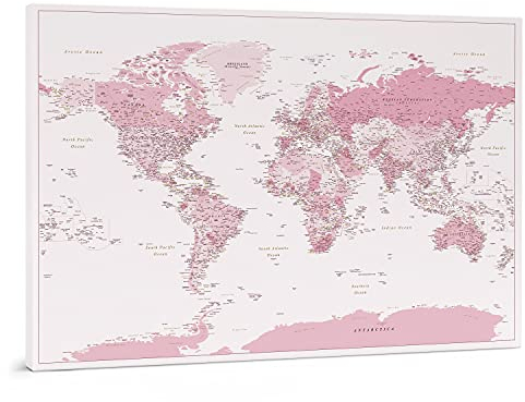 Trip Map Weltkarte Pinnwand - eingerahmte Leinwand Pinnwand Weltkarte mit Pins - Rosa Farbe - zur Personalisierung - Weltkarte Zum Aufhängen und Pinnen - 150x100 cm; 120x80 cm; 100x70 cm